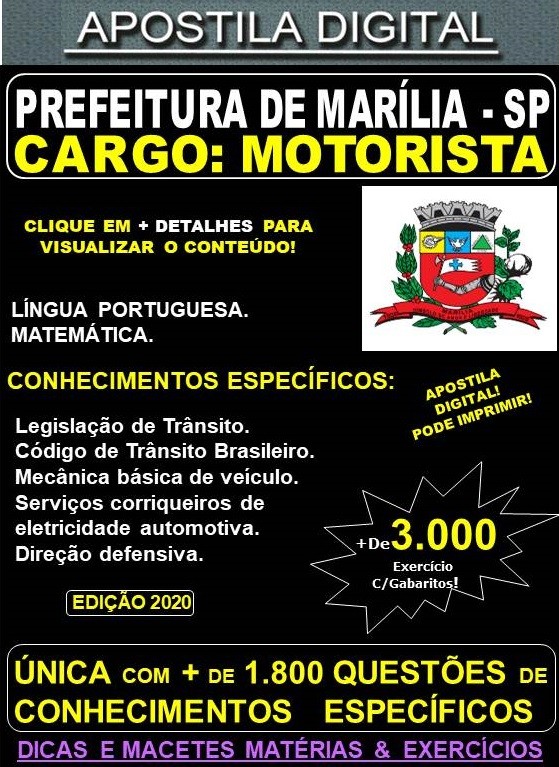 Apostila Prefeitura de MARÍLIA SP - MOTORISTA  - Teoria + 3.000 Exercícios - Concurso 2020