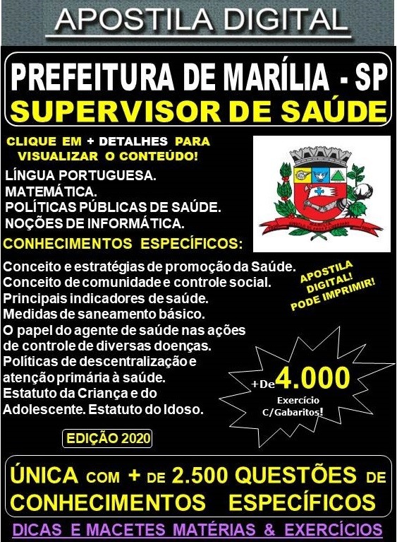 Apostila Prefeitura de MARÍLIA SP - SUPERVISOR DE SAÚDE  - Teoria + 4.000 Exercícios - Concurso 2020