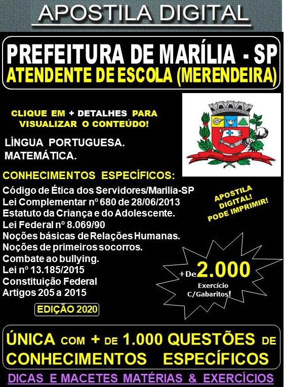 Apostila Prefeitura de MARÍLIA SP - ATENDENTE DE ESCOLA (MERENDEIRA)  - Teoria + 2.000 Exercícios - Concurso 2020