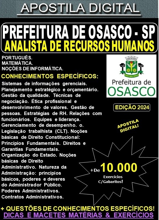 Apostila PREF OSASCO - ANALISTA de RECURSOS HUMANOS - Teoria + 10.000 Exercícios - Concurso 2024