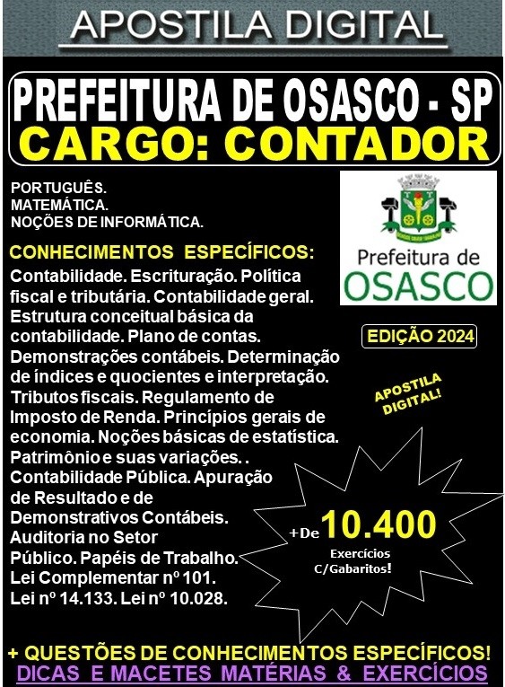 Apostila PREF OSASCO - CONTADOR - Teoria + 10.400 Exercícios - Concurso 2024
