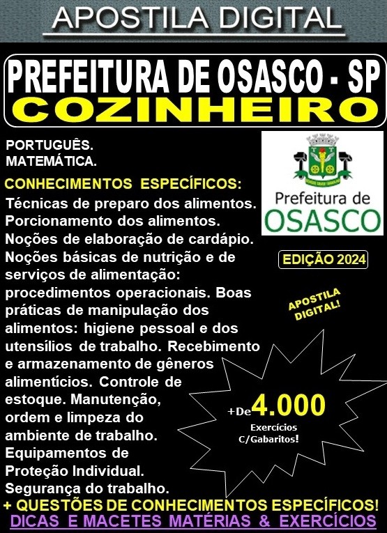 Apostila PREF OSASCO - COZINHEIRO - Teoria + 4.000 Exercícios - Concurso 2024