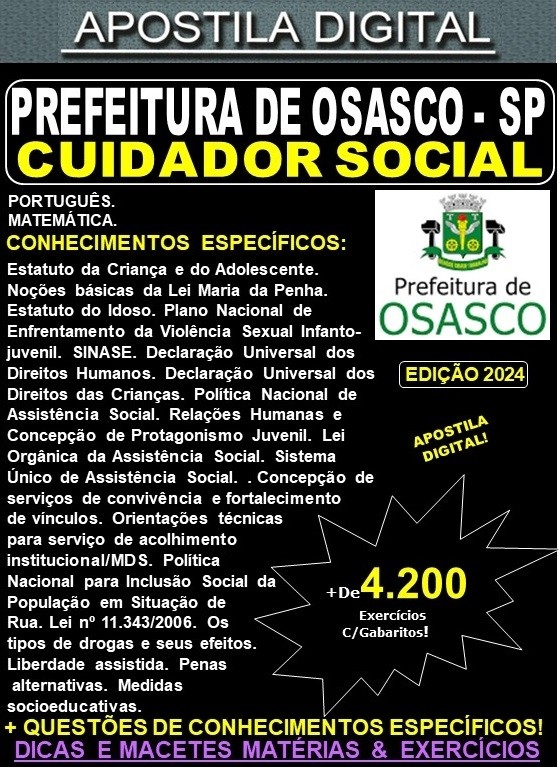 Apostila PREF OSASCO - CUIDADOR SOCIAL - Teoria + 4.200 Exercícios - Concurso 2024