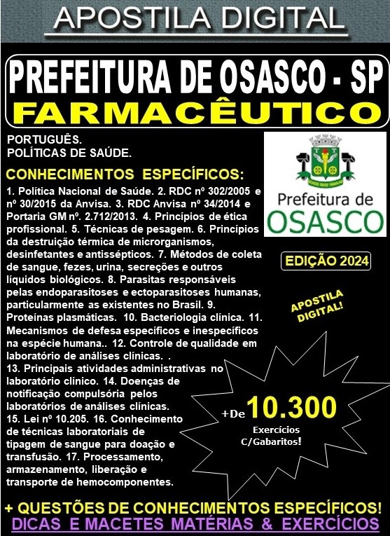 Apostila PREF OSASCO - FARMACÊUTICO - Teoria + 10.300 Exercícios - Concurso 2024