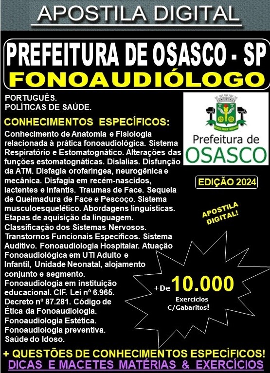 Apostila PREF OSASCO - FONOAUDIÓLOGO - Teoria + 10.000 Exercícios - Concurso 2024