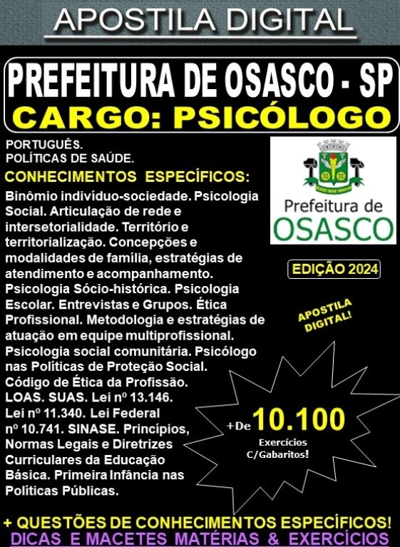 Apostila PREF OSASCO - PSICÓLOGO - Teoria + 10.100 Exercícios - Concurso 2024