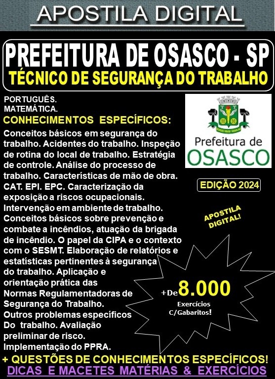 Apostila PREF OSASCO - TÉCNICO de SEGURANÇA do TRABALHO - Teoria + 8.000 Exercícios - Concurso 2024