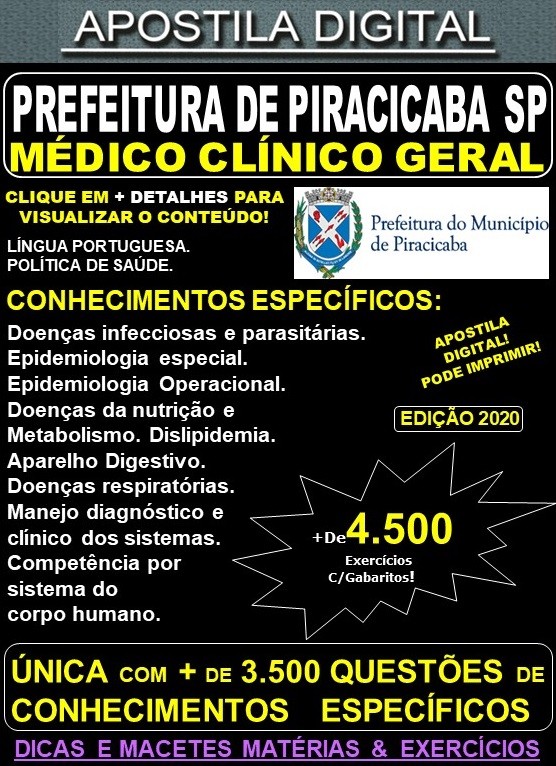 Apostila Prefeitura de PIRACICABA SP - MÉDICO CLÍNICO GERAL - Teoria + 4.500 Exercícios - Concurso 2020