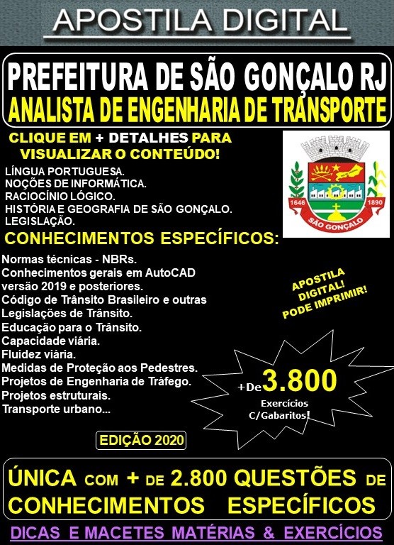 Apostila Prefeitura de São Gonçalo RJ - ANALISTA de ENGENHARIA de TRANSPORTE - Teoria + 3.800 Exercícios - Concurso 2020