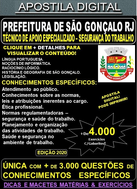 Apostila Prefeitura de São Gonçalo RJ - Técnico de Apoio Especializado - SEGURANÇA do TRABALHO - Teoria +4.000 Exercícios - Concurso 2020