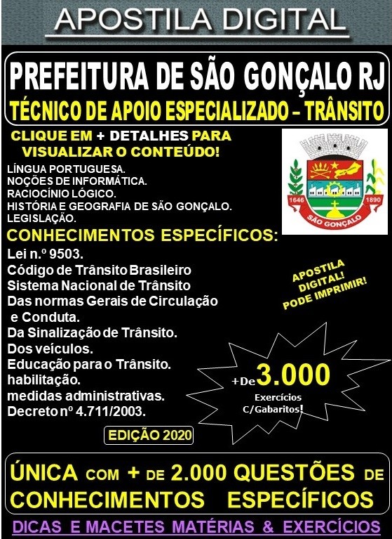 Apostila Prefeitura de São Gonçalo RJ - Técnico de Apoio Especializado - TRÂNSITO - Teoria +3.000 Exercícios - Concurso 2020