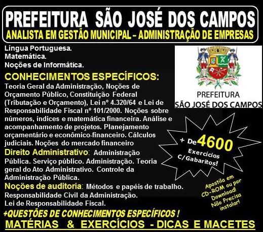 Apostila Prefeitura de São José dos Campos - Analista em Gestão Municipal - ADMINISTRAÇÃO de EMPRESAS - Teoria + 4.600 Exercícios - Concurso 2018