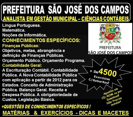 Apostila Prefeitura de São José dos Campos - Analista em Gestão Municipal - CIÊNCIAS CONTÁBEIS - Teoria + 4.500 Exercícios - Concurso 2018