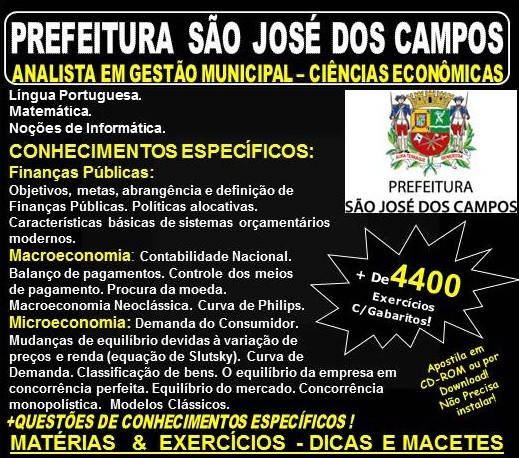  Apostila Prefeitura de São José dos Campos - Analista em Gestão Municipal - CIÊNCIAS ECONÔMICAS - Teoria + 4.400 Exercícios - Concurso 2018