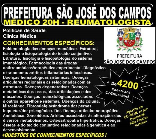 Apostila Prefeitura de São José dos Campos - Médico - REUMATOLOGISTA - Teoria + 4.200 Exercícios - Concurso 2018
