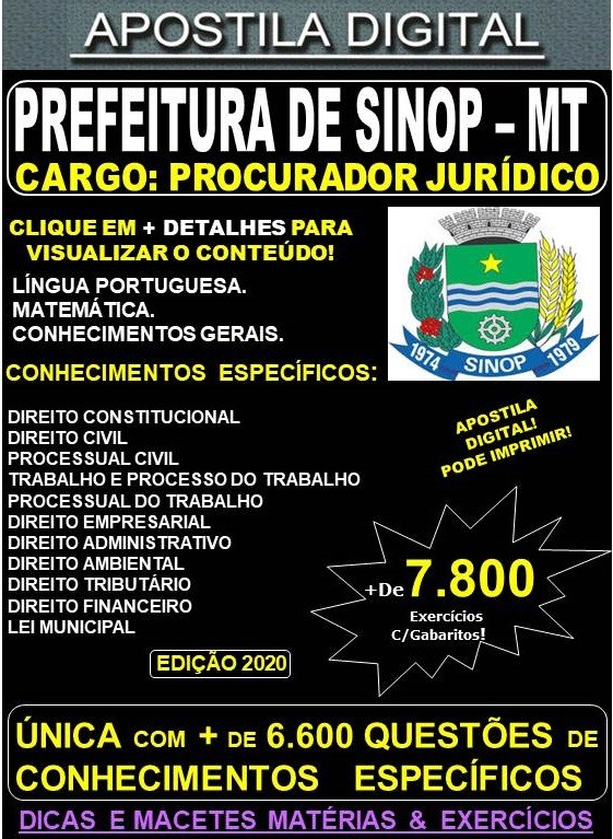 Apostila Prefeitura de SINOP MT - PROCURADOR JURÍDICO   - Teoria + 7.800 Exercícios - Concurso 2020