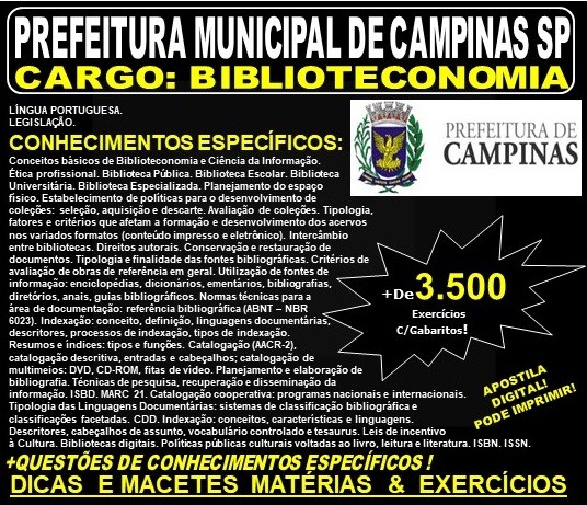 Apostila PREFEITURA MUNICIPAL de CAMPINAS SP - BIBLIOTECONOMIA - Teoria + 3.500 Exercícios - Concurso 2019