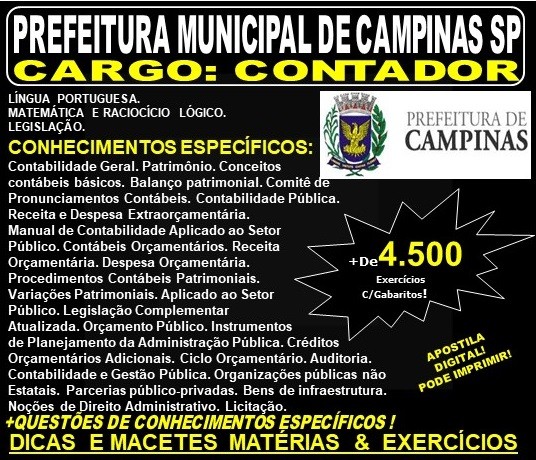 Apostila PREFEITURA MUNICIPAL de CAMPINAS SP - CONTADOR - Teoria + 4.500 Exercícios - Concurso 2019
