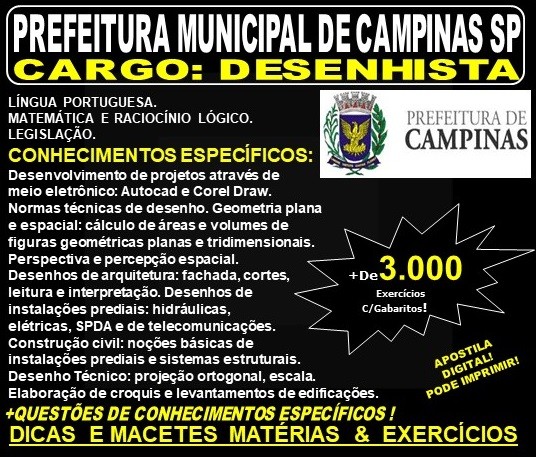 Apostila PREFEITURA MUNICIPAL de CAMPINAS SP - DESENHISTA - Teoria + 3.000 Exercícios - Concurso 2019