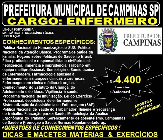 Apostila PREFEITURA MUNICIPAL de CAMPINAS SP - ENFERMEIRO - Teoria + 4.400 Exercícios - Concurso 2019