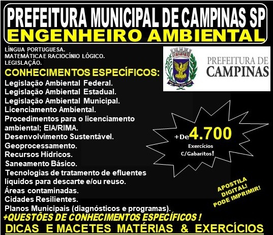 Apostila PREFEITURA MUNICIPAL de CAMPINAS SP - ENGENHEIRO AMBIENTAL - Teoria + 4.700 Exercícios - Concurso 2019