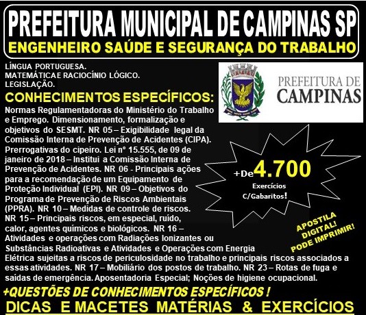 Apostila PREFEITURA MUNICIPAL de CAMPINAS SP - ENGENHEIRO SAÚDE e SEGURANÇA do TRABALHO - Teoria + 4.700 Exercícios - Concurso 2019