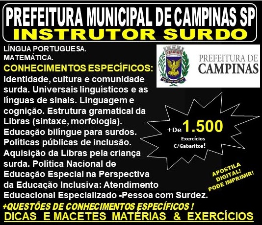 Apostila PREFEITURA MUNICIPAL de CAMPINAS SP - INSTRUTOR SURDO - Teoria + 1.500 Exercícios - Concurso 2019