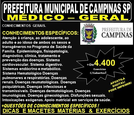 Apostila PREFEITURA MUNICIPAL de CAMPINAS SP - MÉDICO GERAL - Teoria + 4.400 Exercícios - Concurso 2019