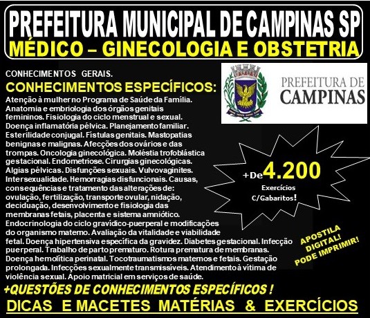 Apostila PREFEITURA MUNICIPAL de CAMPINAS SP - MÉDICO GINECOLOGIA e OBSTETRIA - Teoria + 4.200 Exercícios - Concurso 2019