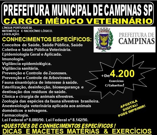 Apostila PREFEITURA MUNICIPAL de CAMPINAS SP - MÉDICO VETERINÁRIO - Teoria + 4.200 Exercícios - Concurso 2019