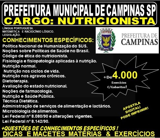 Apostila PREFEITURA MUNICIPAL de CAMPINAS SP - NUTRICIONISTA - Teoria + 4.000 Exercícios - Concurso 2019
