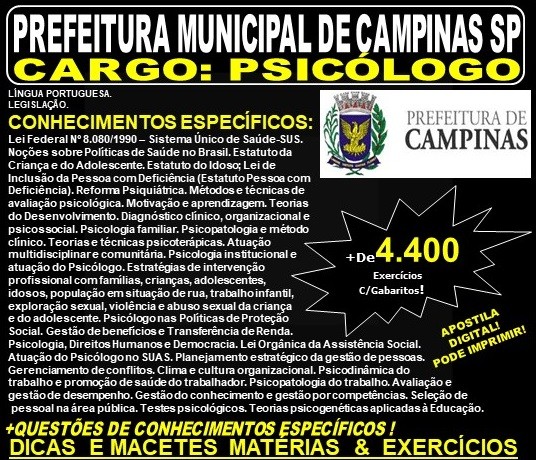 Apostila PREFEITURA MUNICIPAL de CAMPINAS SP - PSICÓLOGO - Teoria + 4.400 Exercícios - Concurso 2019