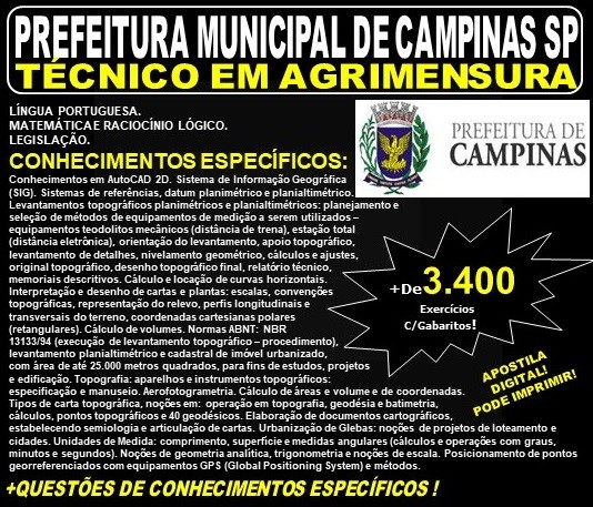 Apostila PREFEITURA MUNICIPAL de CAMPINAS SP - TÉCNICO em AGRIMENSURA - Teoria + 3.400 Exercícios - Concurso 2019
