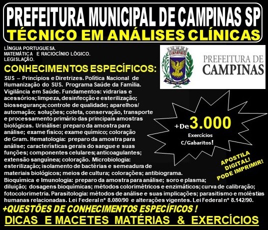 Apostila PREFEITURA MUNICIPAL de CAMPINAS SP - TÉCNICO em ANÁLISES CLÍNICAS - Teoria + 3.000 Exercícios - Concurso 2019