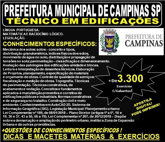 Apostila PREFEITURA MUNICIPAL de CAMPINAS SP -  TÉCNICO em EDIFICAÇÕES - Teoria + 3.300 Exercícios - Concurso 2019