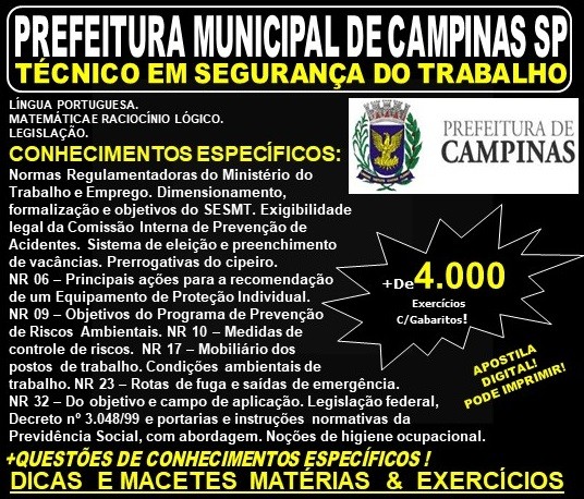 Apostila PREFEITURA MUNICIPAL de CAMPINAS SP - TÉCNICO em SEGURANÇA do TRABALHO - Teoria + 4.000 Exercícios - Concurso 2019
