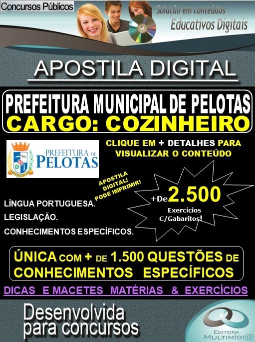 Apostila Prefeitura Municipal de Pelotas - COZINHEIRO - Teoria + 2.500 Exercícios - Concurso 2019