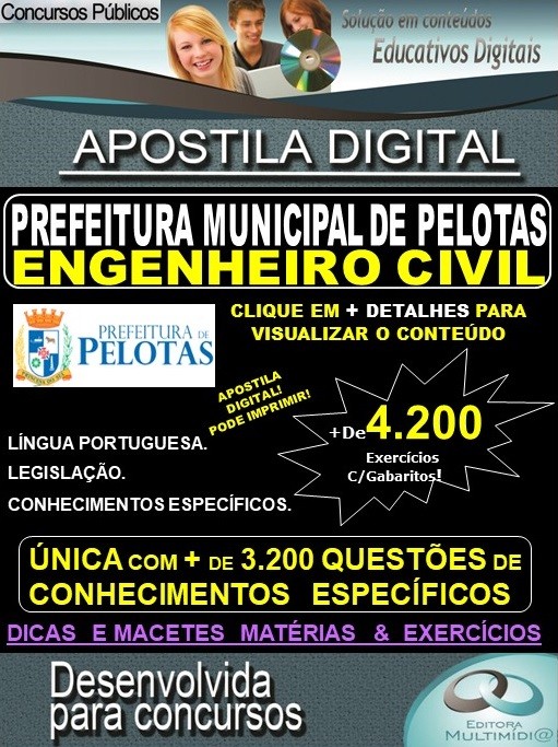 Apostila Prefeitura Municipal de Pelotas - ENGENHEIRO CIVIL - Teoria + 4.200 Exercícios - Concurso 2019