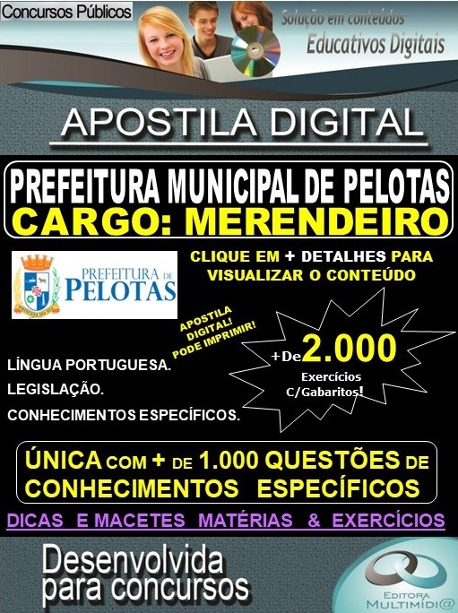 Apostila Prefeitura Municipal de Pelotas - MERENDEIRA - Teoria + 2.000 Exercícios - Concurso 2019