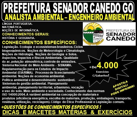 Apostila Prefeitura de Senador Canedo GO - ANALISTA AMBIENTAL - ENGENHEIRO AMBIENTAL - Teoria + 4.000 Exercícios - Concurso 2019