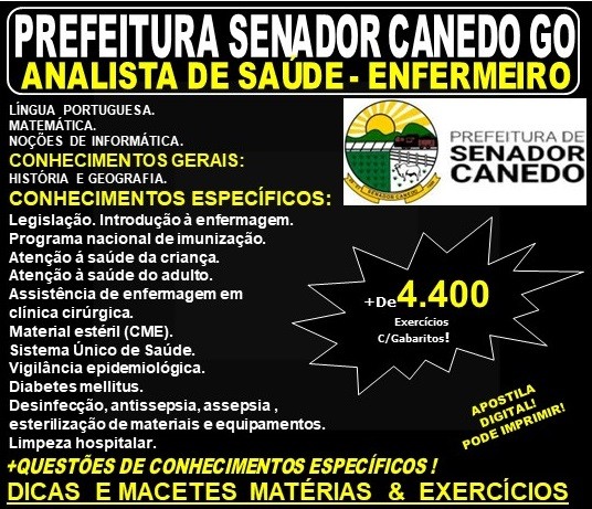 Apostila  Prefeitura de Senador Canedo GO - ANALISTA de SAÚDE - ENFERMEIRO - Teoria + 4.400 Exercícios - Concurso 2019