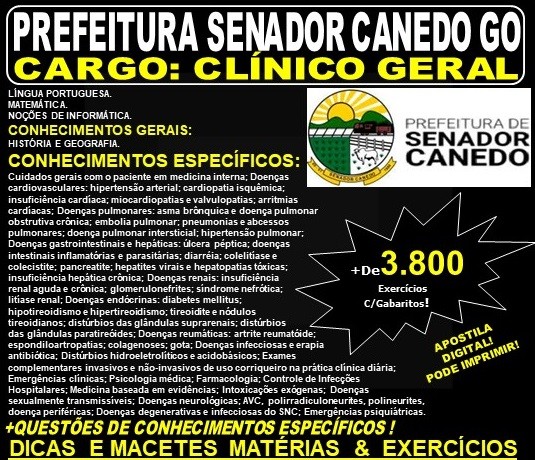 Apostila Prefeitura de Senador Canedo GO - MÉDICO - CLÍNICO GERAL - Teoria + 3.800 Exercícios - Concurso 2019