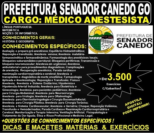 Apostila Prefeitura de Senador Canedo GO - MÉDICO - ANESTESISTA - Teoria + 3.500 Exercícios - Concurso 2019