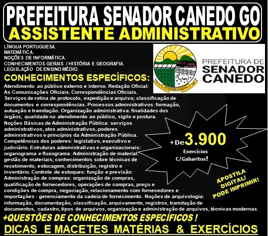 Apostila Prefeitura de Senador Canedo GO - ASSISTENTE ADMINISTRATIVO - Teoria + 3.900 Exercícios - Concurso 2019