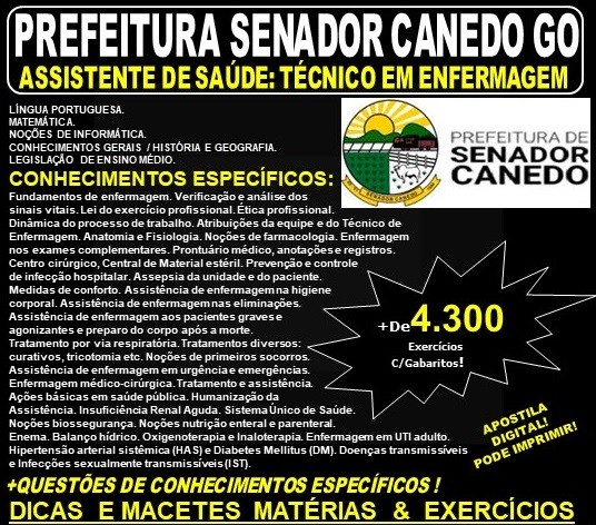 Apostila Prefeitura de Senador Canedo GO - ASSISTENTE de SAÚDE - TÉCNICO em ENFERMAGEM - Teoria + 4.300 Exercícios - Concurso 2019