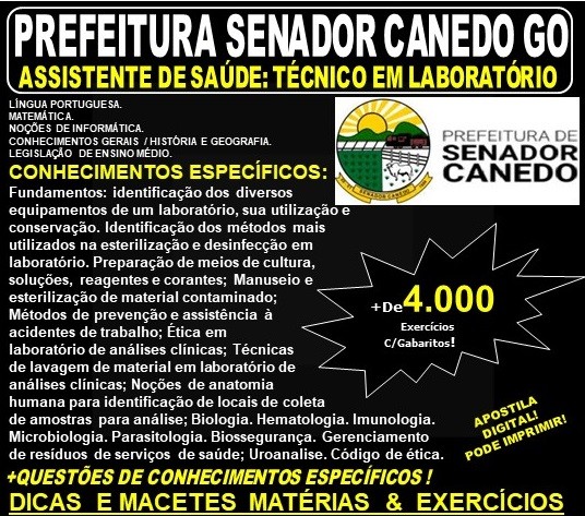 Apostila Prefeitura de Senador Canedo GO - ASSISTENTE de SAÚDE - TÉCNICO em LABORATÓRIO - Teoria + 4.000 Exercícios - Concurso 2019