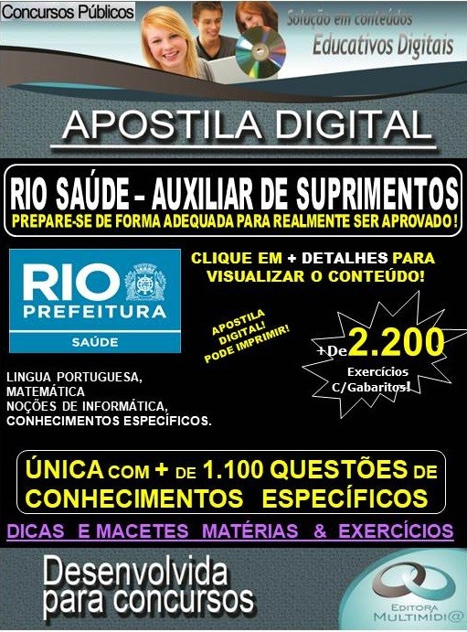 Apostila RIO SAÚDE - AUXILIAR DE SUPRIMENTOS - Teoria + 2.200 exercícios - Concurso 2019