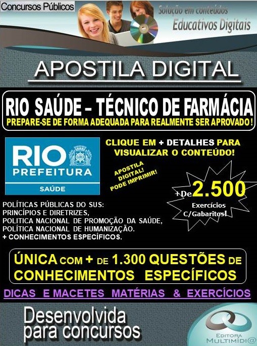 Apostila RIO SAÚDE - TÉCNICO DE FARMÁCIA - Teoria + 2.500 exercícios - Concurso 2019