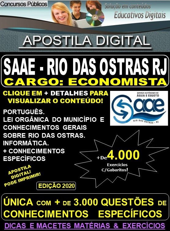 Apostila SAAE de RIO DAS OSTRAS RJ - ECONOMISTA - Teoria + 4.000 Exercícios - Concurso 2020
