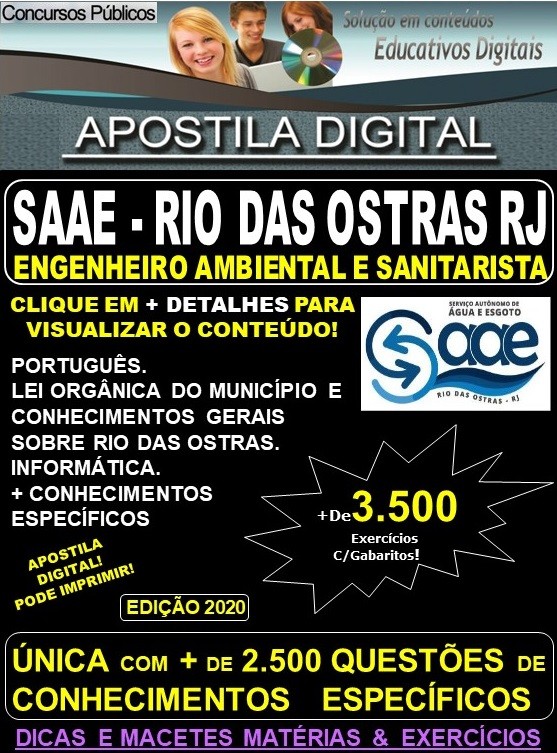Apostila SAAE de RIO das OSTRAS RJ - ENGENHEIRO AMBIENTAL e SANITARISTA - Teoria + 3.500 Exercícios - Concurso 2020